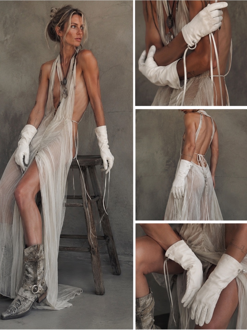 White Leather Gauntlet Gloves Silver piercings  & Leather Tassels Avant-Garde